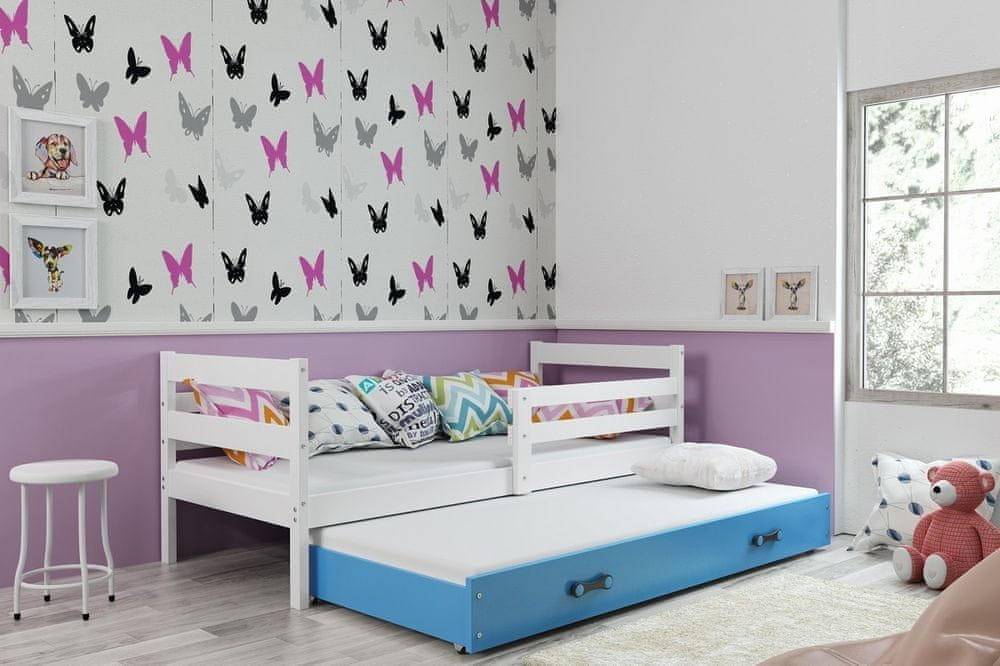 eoshop Detská posteľ Eryk - 2 osoby, 80x190 s výsuvnou prístelkou - Biela, Modrá